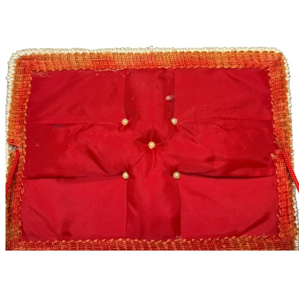 Mid Century Wicker Sewing Basket Floral Fabric Red Satin Lining Cottagecore